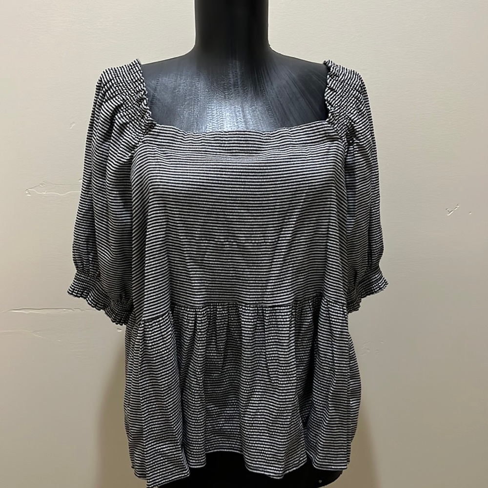 Ann Taylor loft black and white stripe peasant top size large